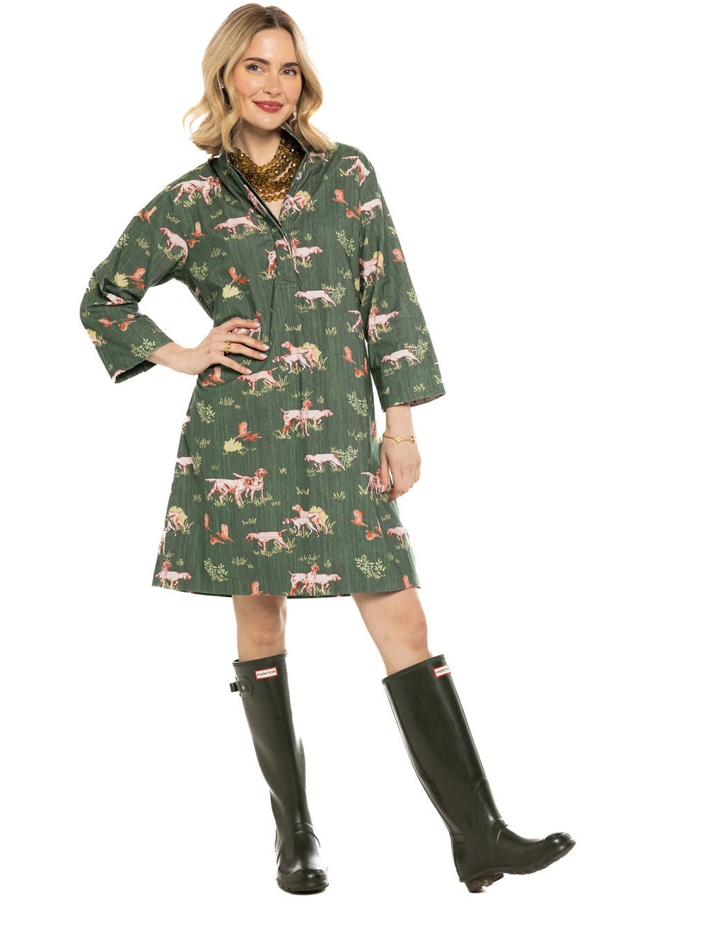 Holly Shae Green Corduroy “Dogs On The Hunt” Shift Dress with matching obi belt - Picture 2 of 7
